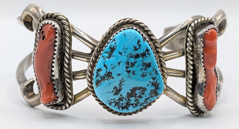 Sterling Native American Turquoise and Coral Cuff (1 of 4)