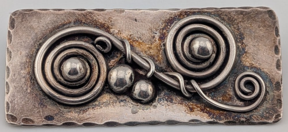 Vintage Mid-Century Modern Studio Sterling Silver Spiral & Sphere Brooch - Artisan Handmade: A beautiful example of vintage Modernist studio jewelry. This artisan-crafted sterling silver brooch features a bold, sculptural design on a rectangular backplate. Brooch measures 2" by 1" and weighs