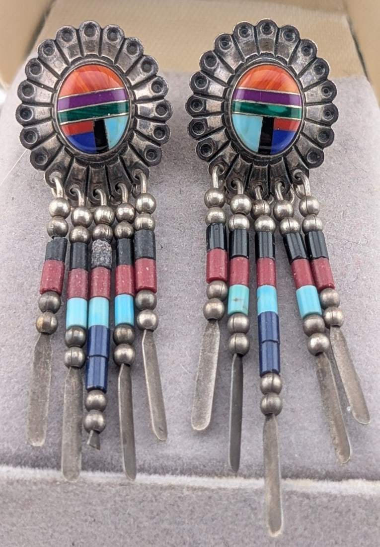 Vintage Sterling Quac Zuni Signed Inlaid Dangle Beaded Earrings (1 of 7)