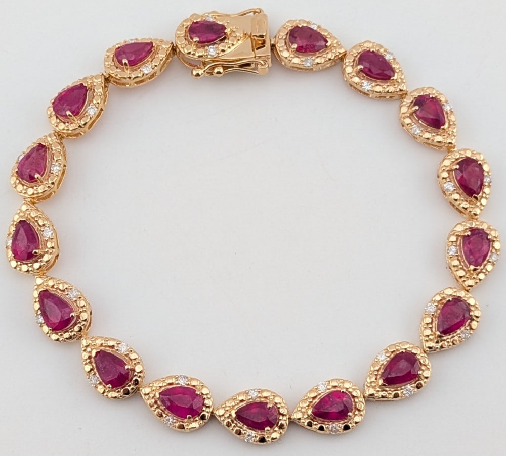 Sterling Pear Cut Ruby 9.82 ctw & Diamond Bracelet (1 of 4)