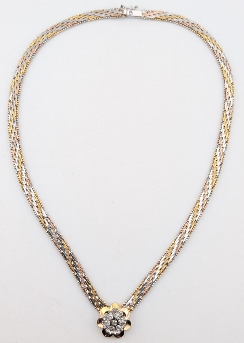 Sterling Tri Color Italian Riccio Chain Flower Necklace: Vintage sterling silver tri color Italian Riccio Chain Necklace with flower. Measures 18" and weighs 27.2 grams.