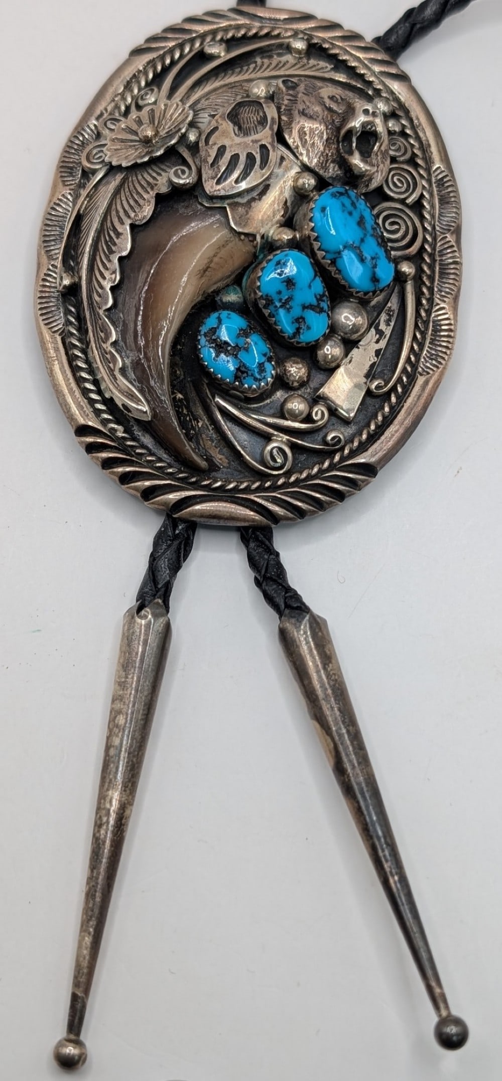 Vintage Sterling Navajo Turquoise & Bear Claw Bolo Tie (1 of 5)