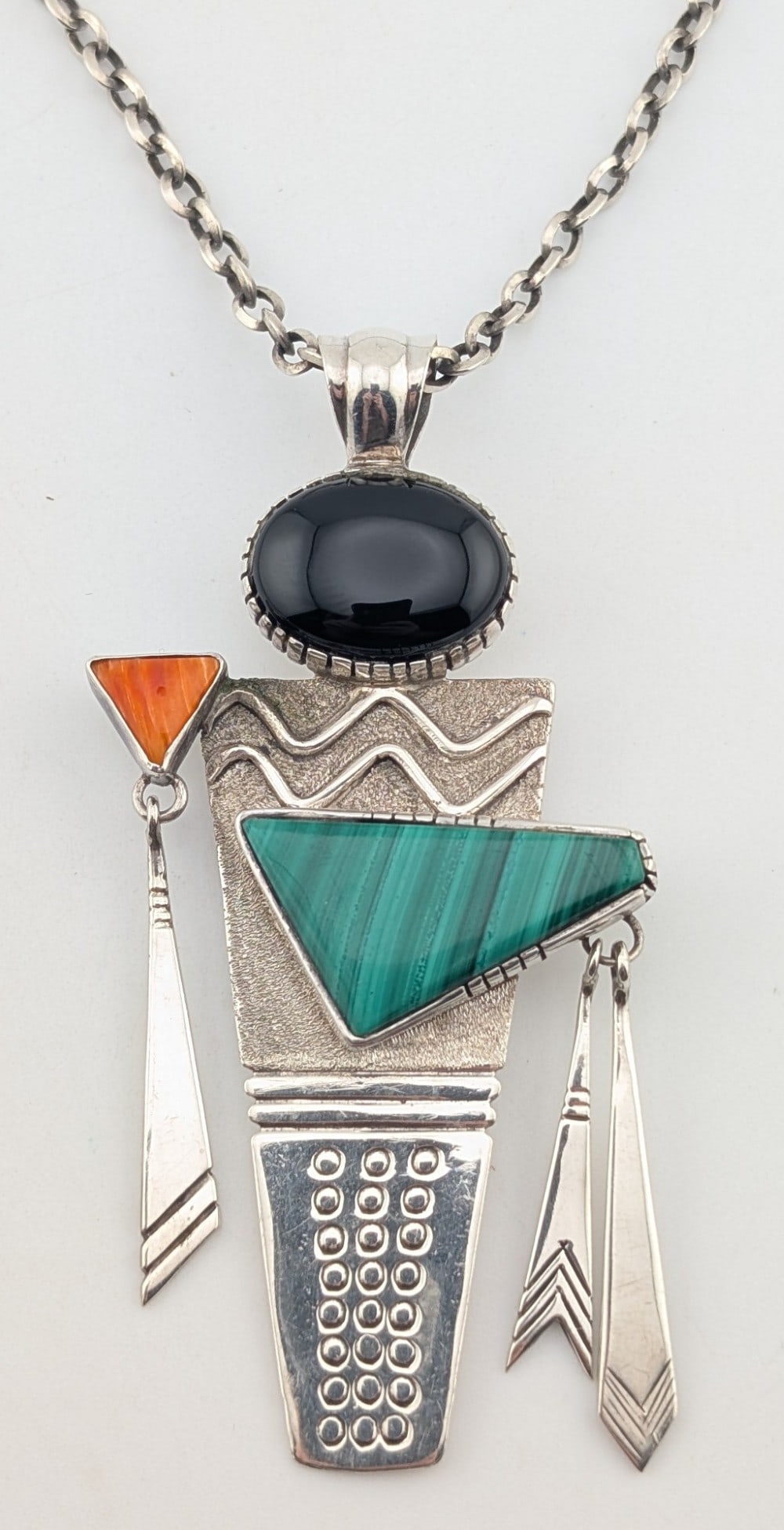 Vintage Sterling Navajo Prairie Fire Malachite Onyx Pendant Necklace (1 of 5)