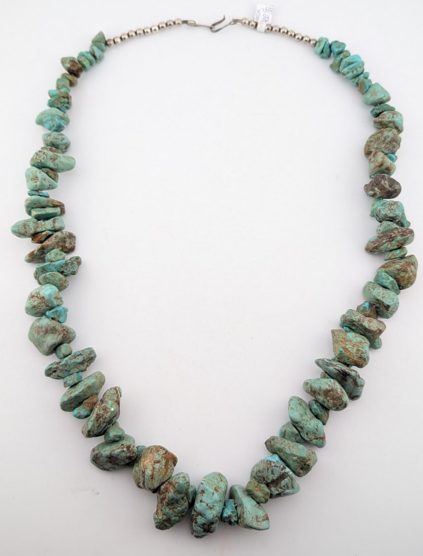 Sterling Vintage Large Raw Turquoise Beaded Necklace: Vintage Sterling silver necklace with large raw unpolished turquoise stone beads. Necklace measures 28"