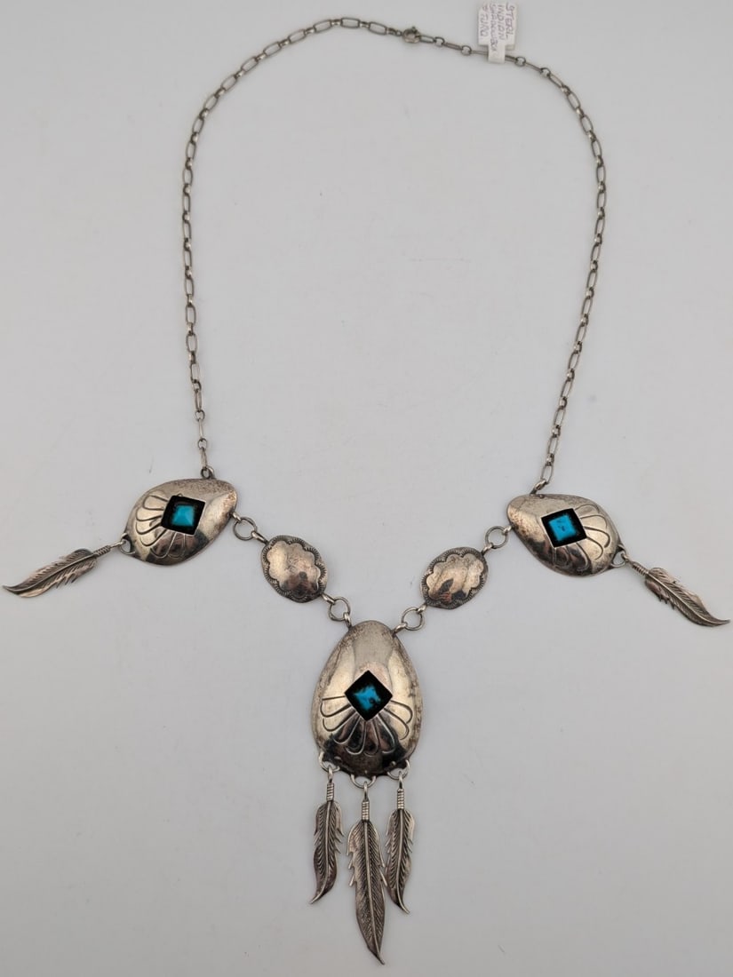 Sterling Native American Shadowbox Turquoise & Feather Necklace (1 of 3)