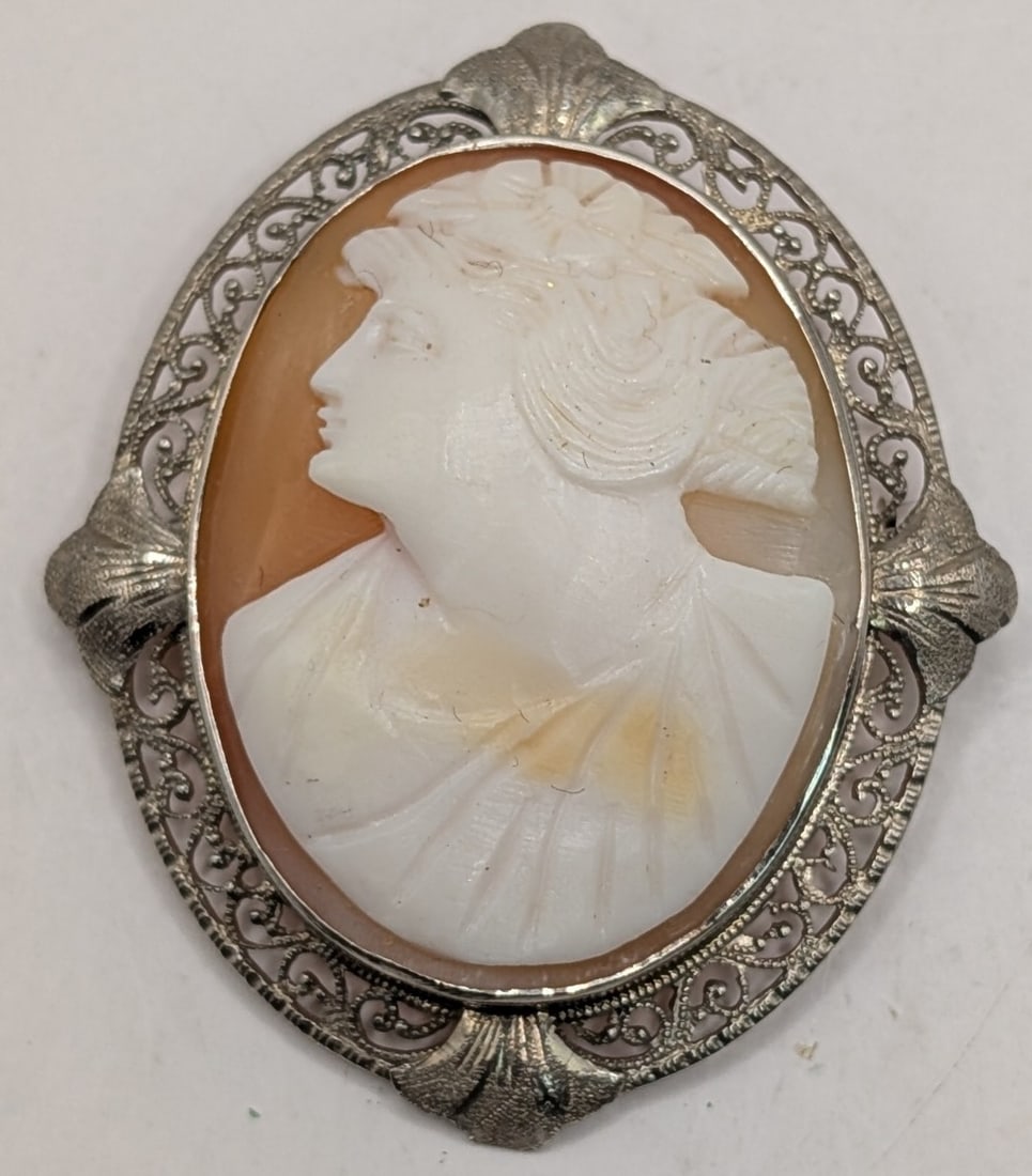 10K Gold 1920's Cameo Brooch: 10K white gold 1920's cameo brooch. Measures 1.5" by 1.25" and weighs 7.1 grams.