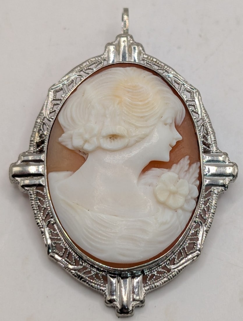 10K Gold 1920's Filigree Cameo Brooch/Pendant: 10K white gold 1920's filigree cameo brooch/pendant. Measures 1.25" by 1" and weighs 4.3 grams.