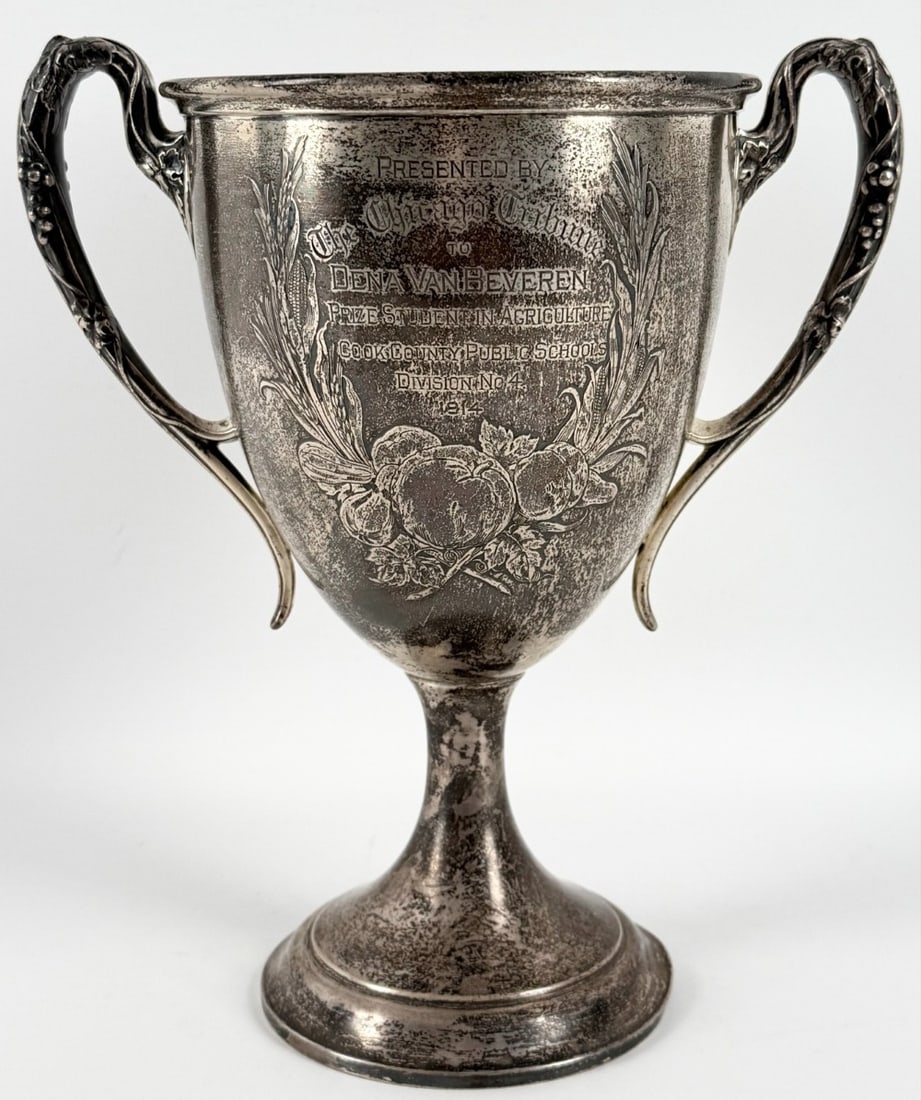 1914 Gorham Sterling Silver Chicago Tribune Agriculture Loving Cup Trophy: 1914 Gorham Sterling Silver Loving Cup Trophy. The trophy is hallmarked on the base and marked sterling. The trophy was presented by the Chicago Tribune to Dena Van Beveren Prize Student In Agricultur