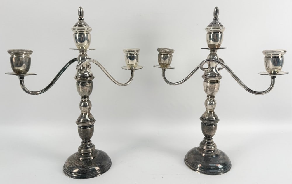 Pair Of .950 Fine Silver 3-Light Candelabras In Storage Case: Pair Of .950 Fine Silver 3-Light Candelabras. The pieces are in great condition and are weighted. They measure approximately 13-1/2" tall x 11" across x 4" deep. The come in a fitted storage case. Ove