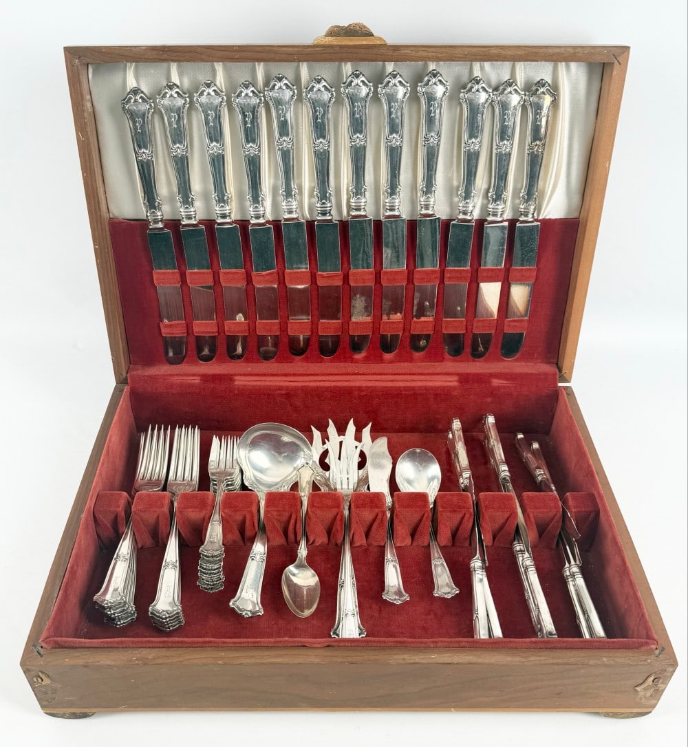 55 Piece Sterling Silver Wallace "Saxon" Flatware Set: 55 Piece Wallace Sterling Silver flatware set in the "Saxon" pattern. Set includes (12) Dinner Forks, (12) Salad Forks, (1) Teaspoon, (12) Hollow Handle Individual Butter Spreader, (1) Gravy Ladle, (1
