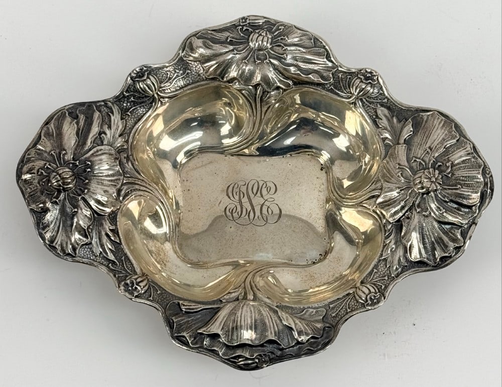 Antique Alvin Sterling Silver Art Nouveau Hibiscus Bowl: Antique Alvin Sterling Silver Art Nouveau Hibiscus Bowl. The bowl displays well, monogrammed. Measures approximately 8-3/4" across x 7" deep x 2" tall. Total weight approximately 4.41 troy ounces of s
