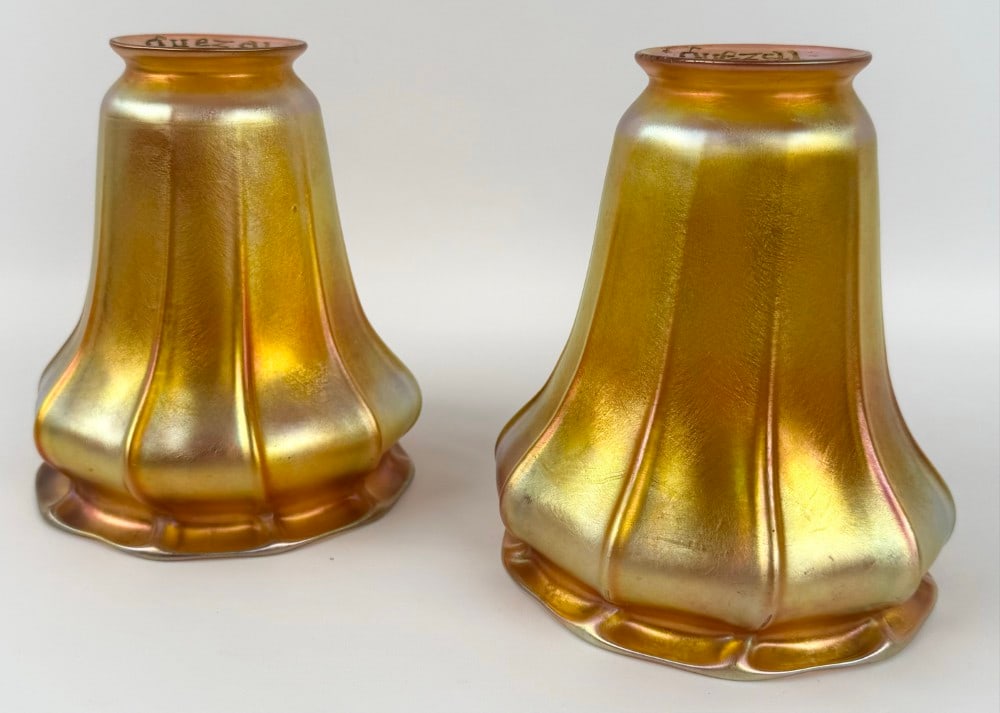 Pair Of Signed Quezal Art Glass Gold Aurene Lamp Shades (1 of 5)