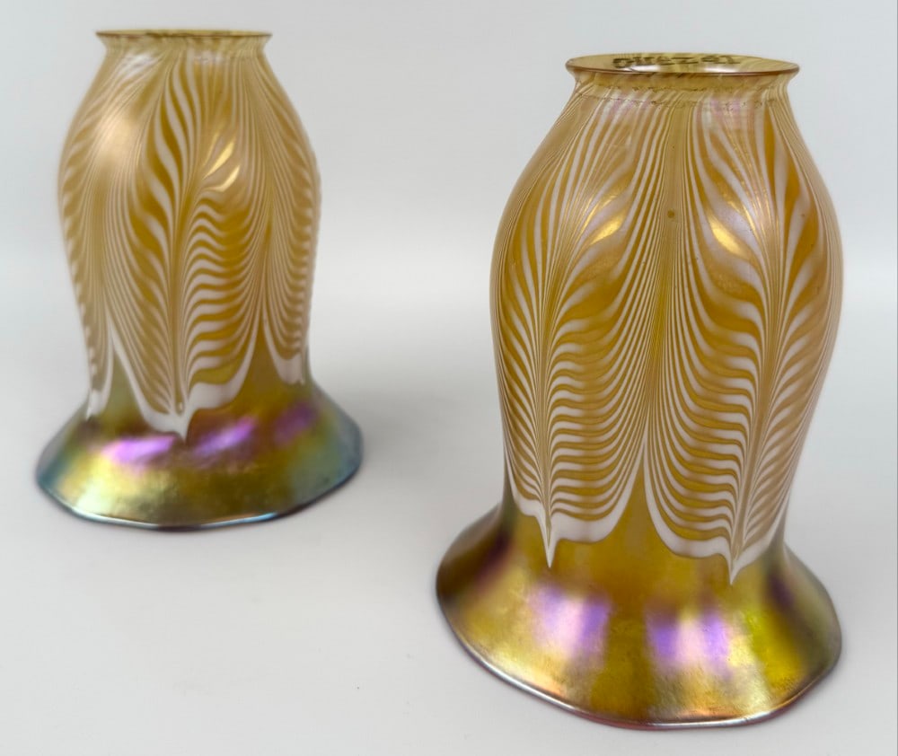 Pair Of Signed Quezal Art Glass Gold Iridescent Lamp Shades With White Pulled Feathers (1 of 5)