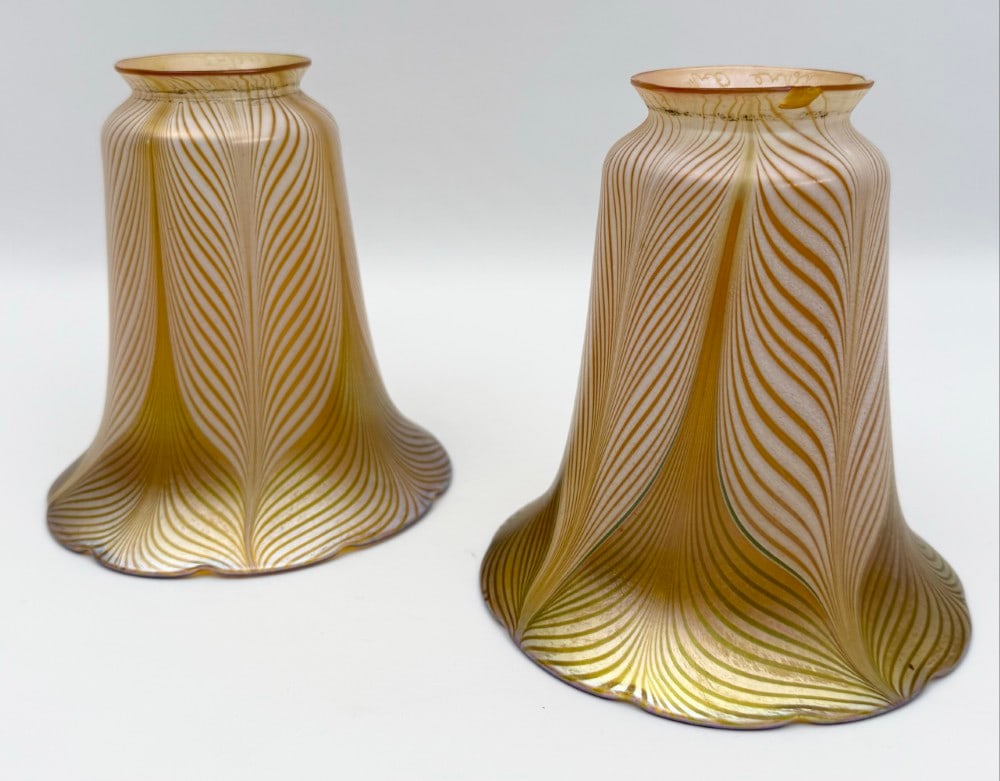 Pair Of Signed Lustre Art Glass Gold Iridescent Lamp Shades With White Pulled Feathers (1 of 6)