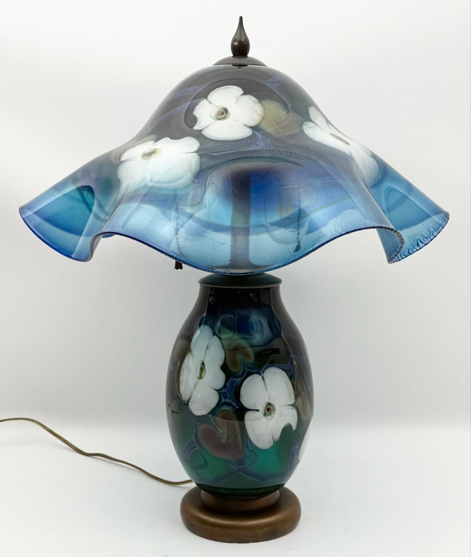 1978 Charles Lotton Blue Multi Flora Art Glass Lamp #7: Beautiful 1978 Multi Flora table lamp #7 signed by Charles Lotton. The lamp is in great condition with no chips or cracks. It features a blue base color with white flowers and green leaves multi flora
