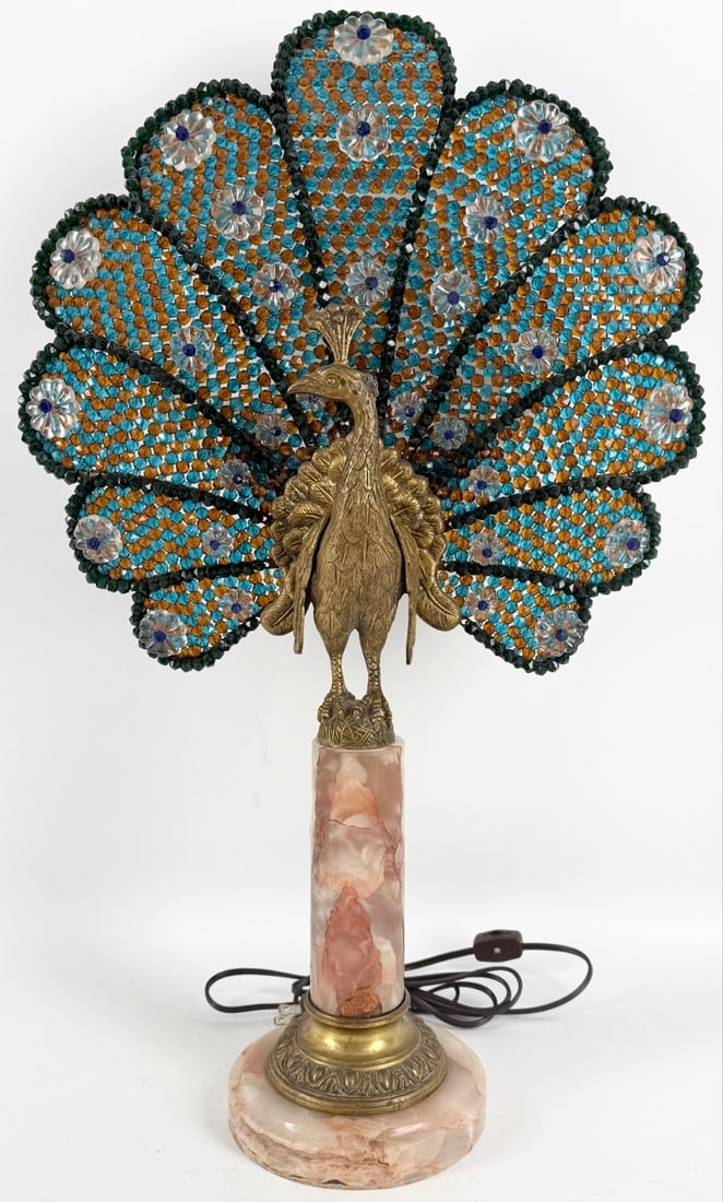 Antique French Bronze & Marble Jeweled Peacock Table Lamp: Antique French Bronze & Marble Jeweled Peacock Table Lamp. The figural 3-socket lamp displays very well and shows great detail. Measures approximately 25" tall x 15-1/2" across, signed Made In France.