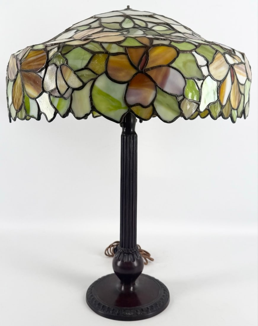Antique Handel & Unique Art Glass & Metal Co. Leaded Glass Bronze Table Lamp (1 of 7)