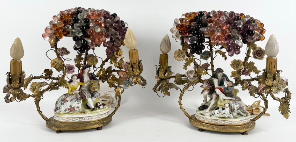 Pair Of Antique Rudolstadt-Volkstedt German Porcelain Figural Lamps With Glass Grape Shades (1 of 10)