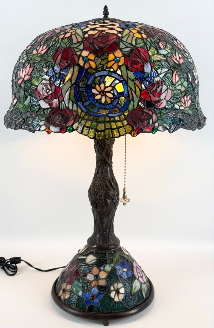 Large?Contemporary Floral Leaded Glass Lamp With Leaded Glass Bronze Finish Base (1 of 12)