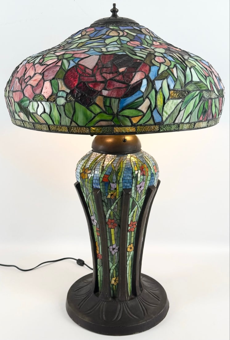 Contemporary Monumental Peony Leaded Glass Lamp With Mosaic Bronze Base (1 of 10)
