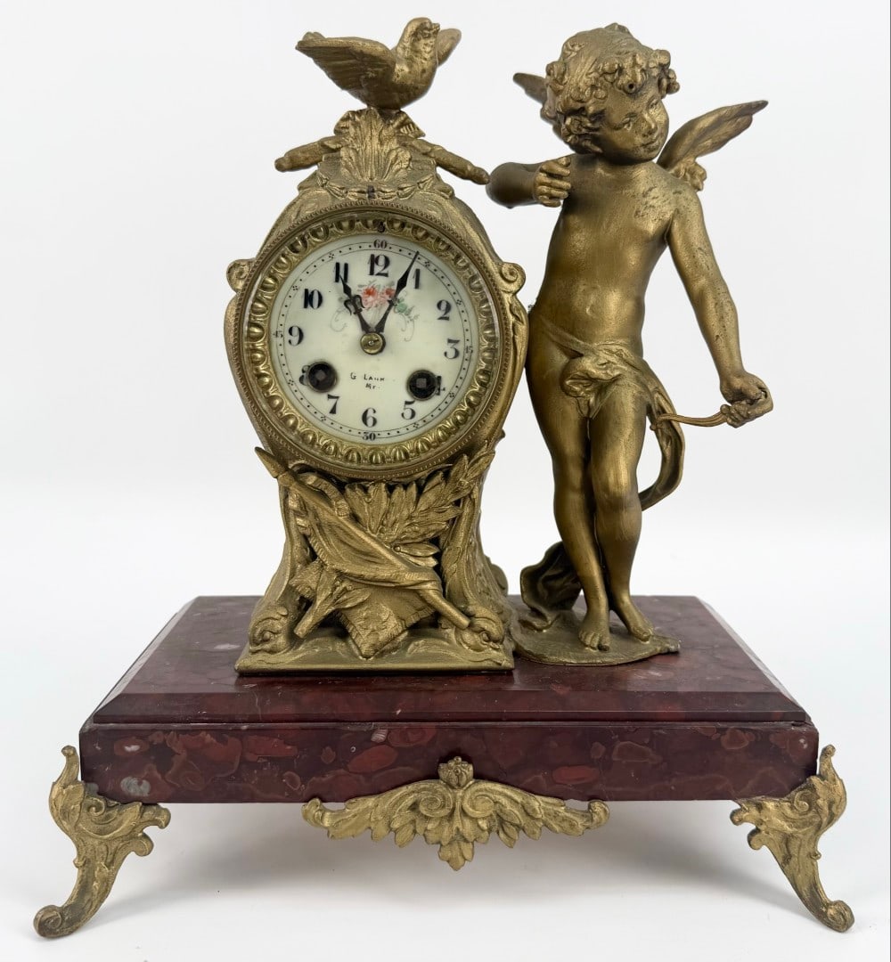 Antique French Gilt Metal Figural Cherub Mantle Clock (1 of 8)