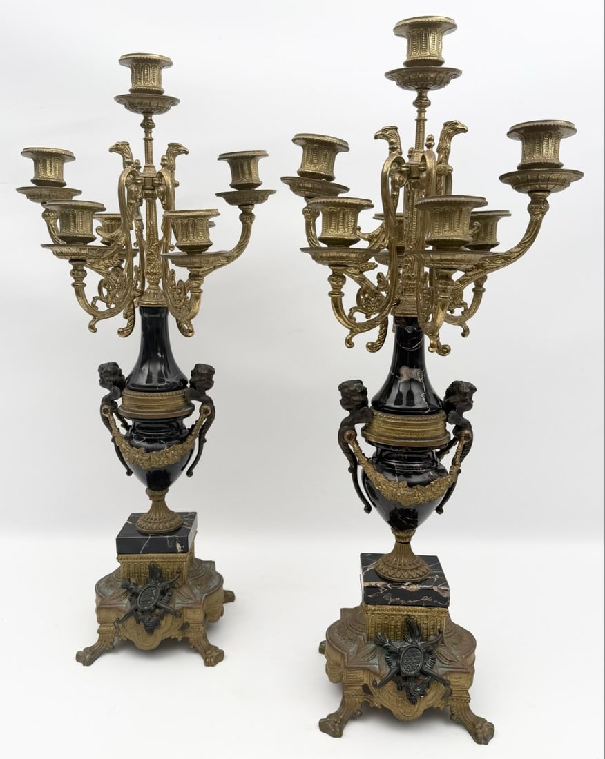 Pair Of Vintage French Louis XV Style Brevatto Italy Brass & Marble Candelabras (1 of 10)