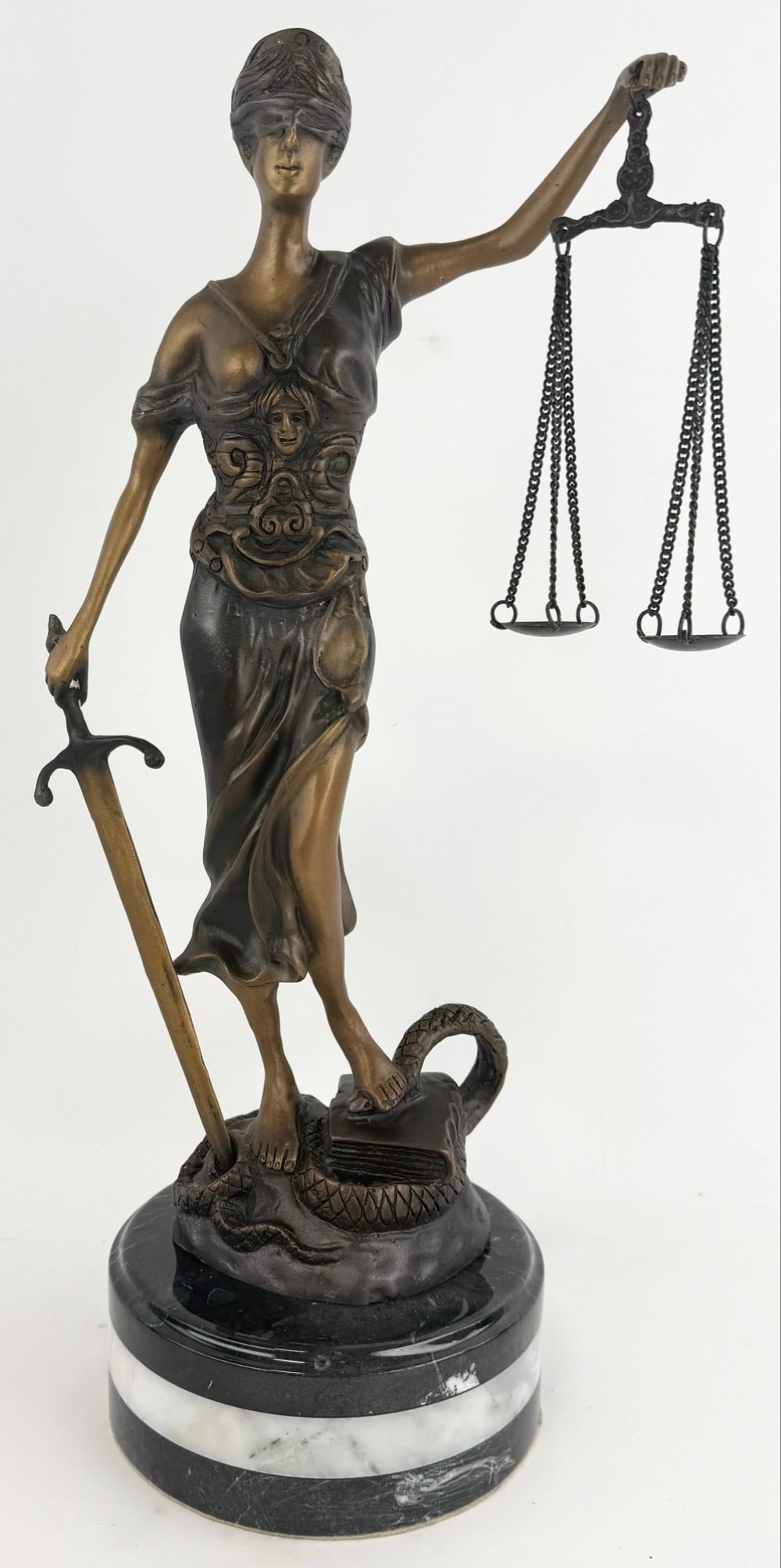 Bronze Scales Of Justice Statue On Marble Base: Nicely detailed bronze statue featuring the Scales of Justice on a marble base. Measures 18-1/4" tall x 8" across x 6" deep with the base, unsigned.