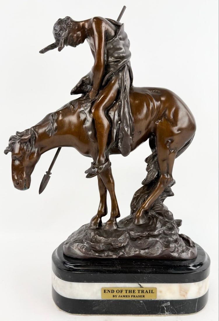 "End Of The Trail" Bronze Statue After James Fraser: Nicely detailed bronze statue titled "End Of The Trail" after James Earle Fraser. The bronze is on a marble base and is in very nice condition. Measures approximately 16-1/2" tall x 11" across x 5" de