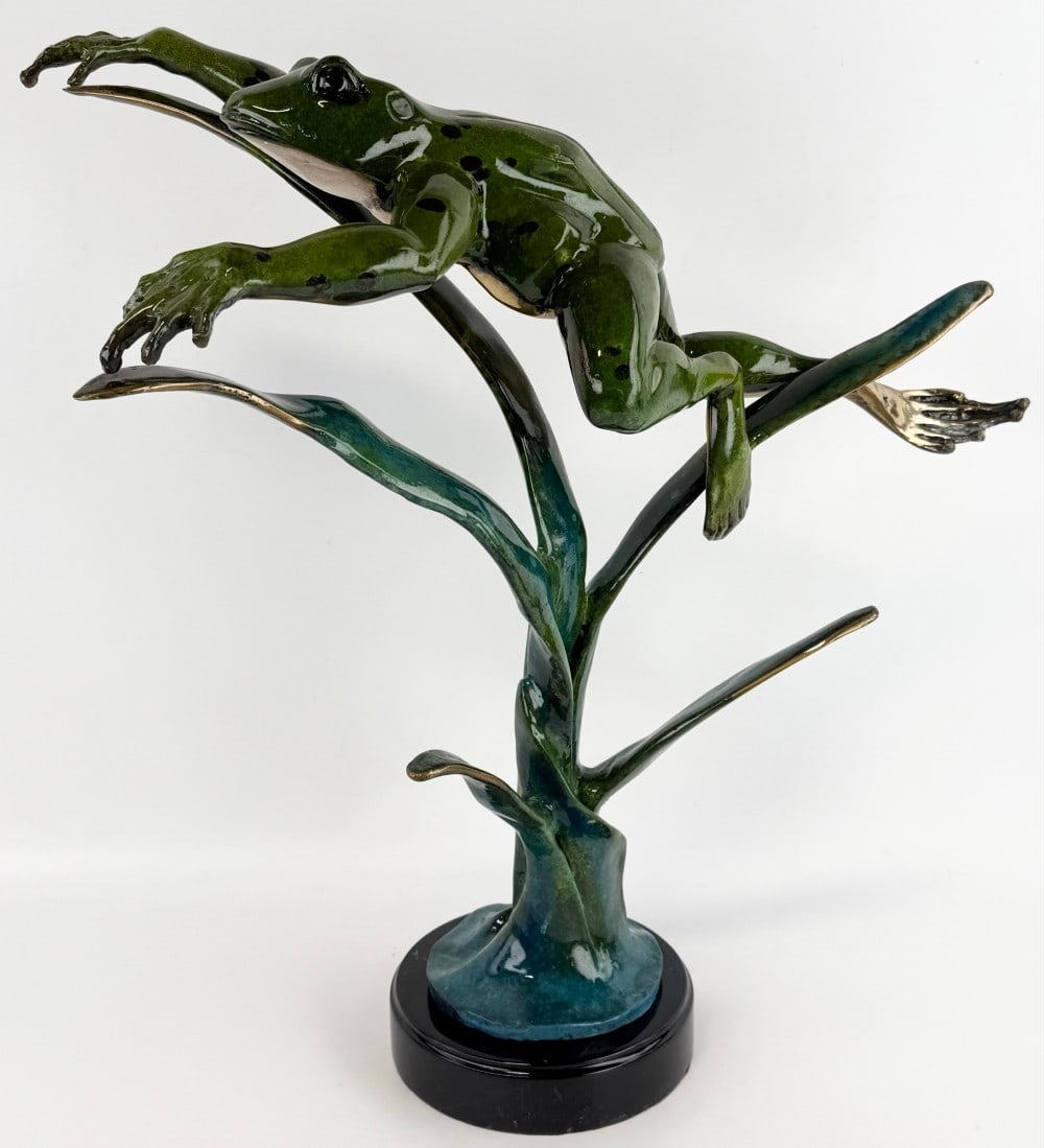 Enameled Green Bronze Leaping Frog Sculpture (1 of 4)
