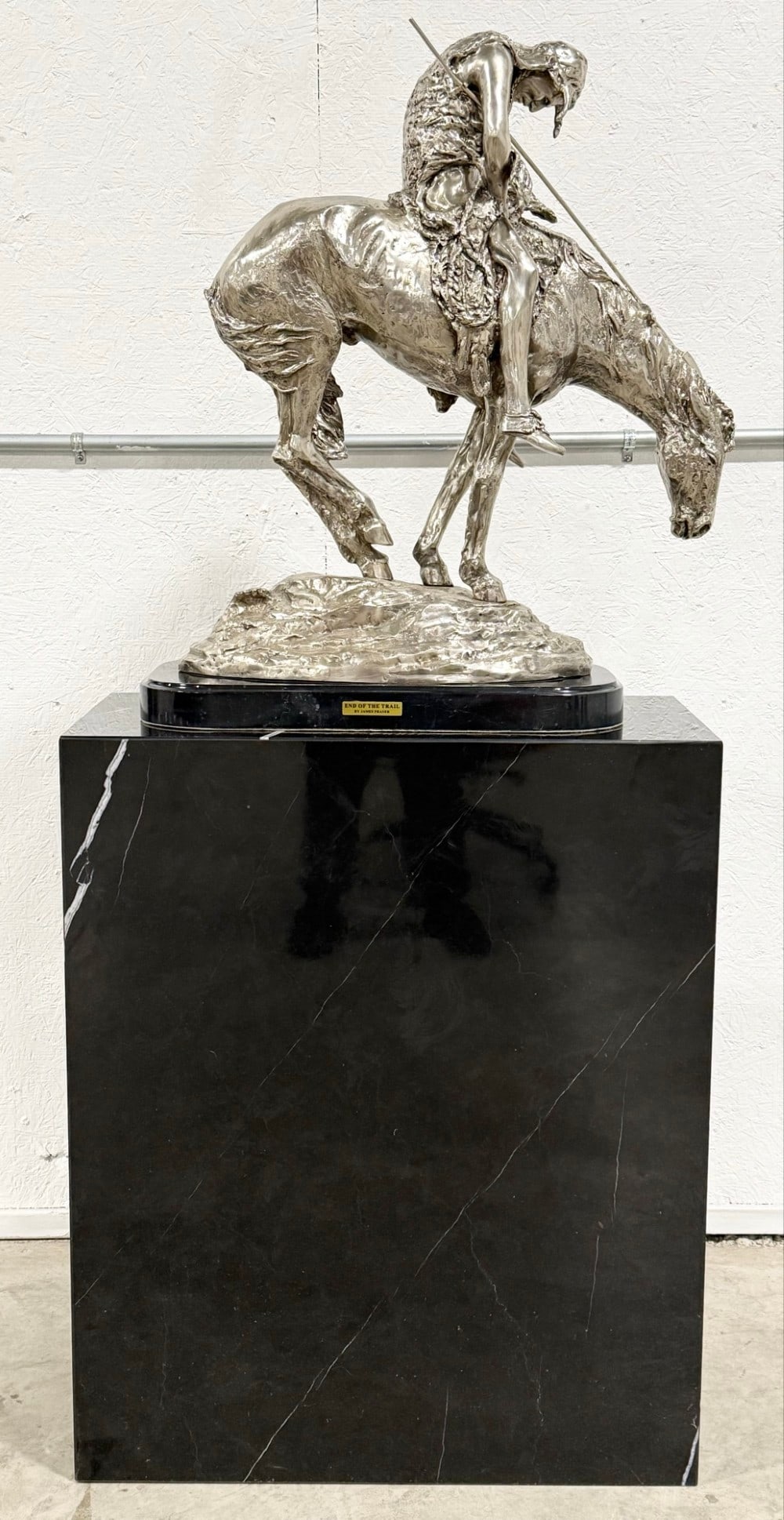 Jumbo Size "End Of The Trail" Silver-Plated Bronze Statue After James Fraser On Black Marble: Jumbo Size silver-plated bronze statue titled "End Of The Trail" after James Earle Fraser. The bronze is on a large marble floor pedestal and is in very nice condition. Measures approximately 31" tall
