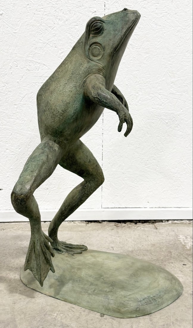Patinated Green Jumping Frog Bronze Fountain: Patinated Green Jumping Frog Bronze Fountain. Has great detail and workmanship. Overall the fountain measures approximately 16" across x 28" tall x 18-1/2" deep.