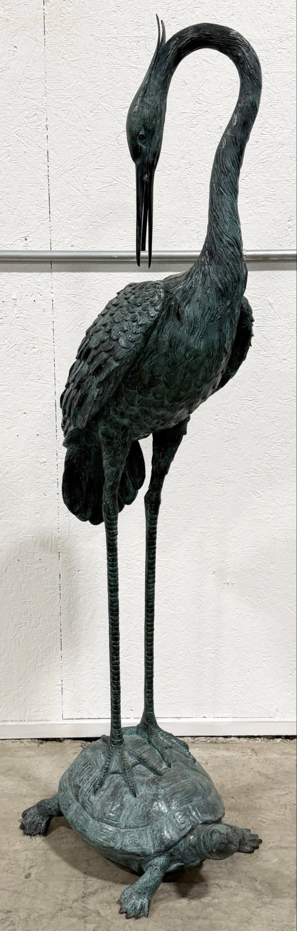 6 Foot Patinated Green Crane Standing On Turtle Bronze Fountain With Head Down (1 of 6)