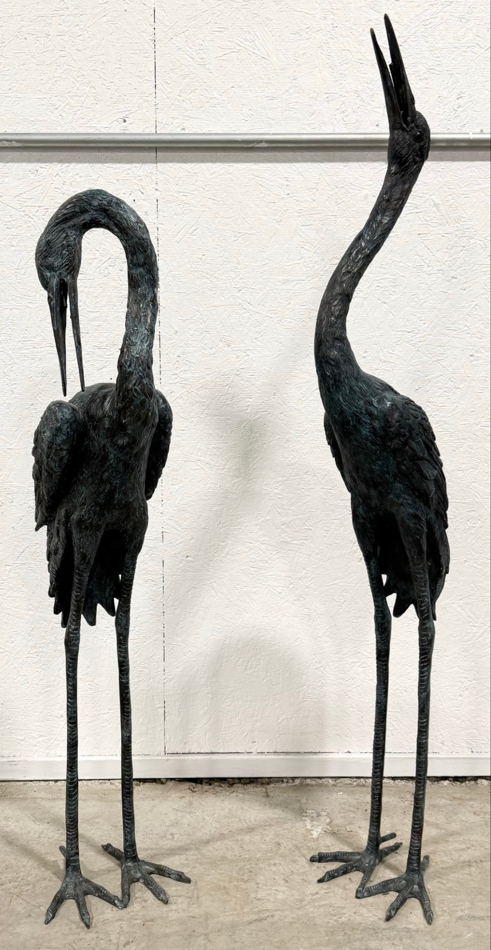 Pair Of 3-1/2' & 4-1/2' Patinated Green Crane Bronze Fountains (1 of 8)