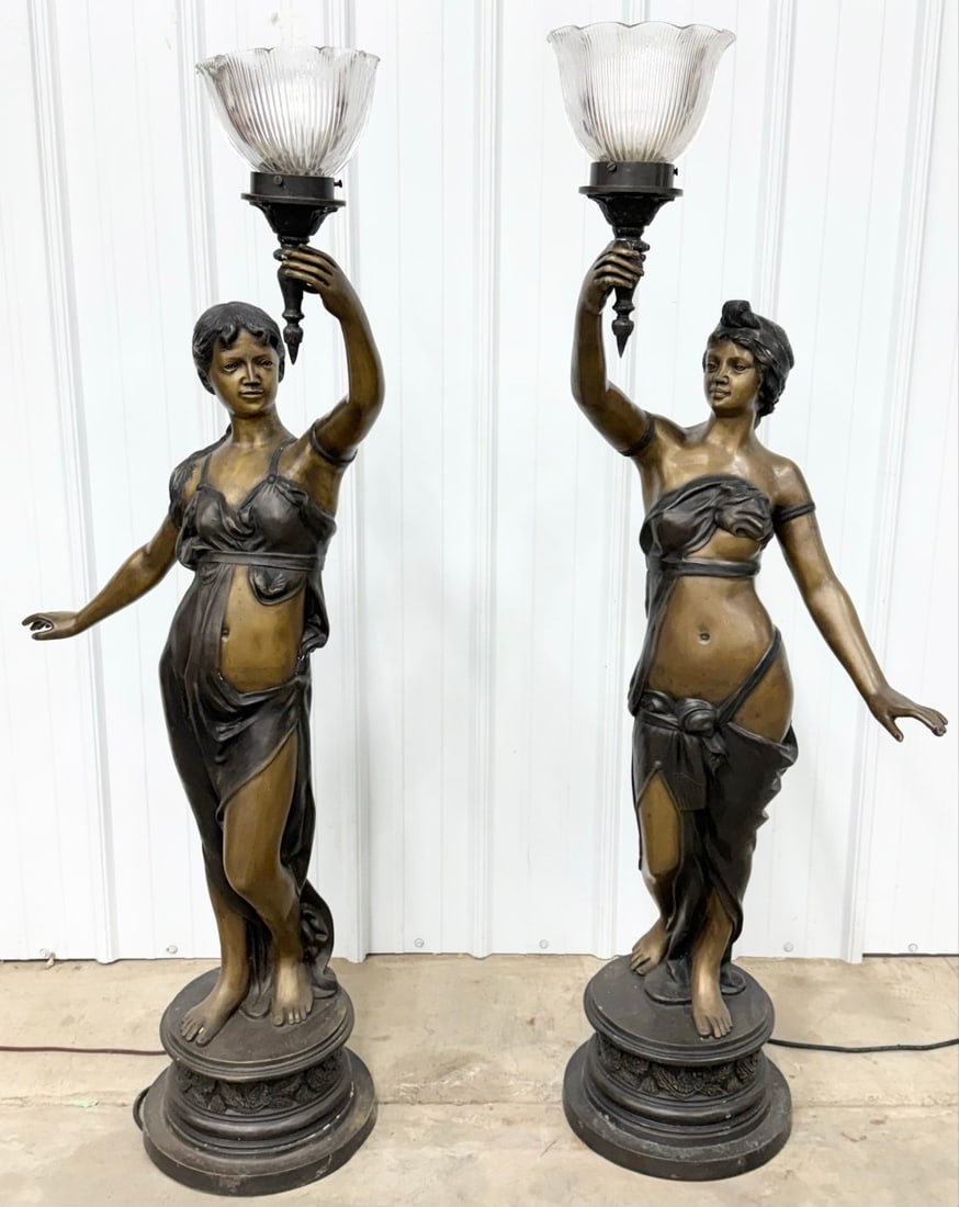 Pair Of Bronze Art Nouveau Style Figural Women Floor Lamps (1 of 13)