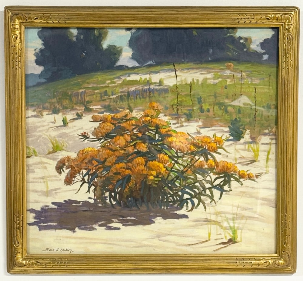 Frank Dudley Indiana Dunes "Butterfly Weed" Oil On Canvas Painting: Beautiful oil on canvas painting by listed Indiana artist Frank Dudley (1868 - 1957). The painting features a Butterfly Weed in the Indiana Dunes with sand and trees. Signed in the lower left. Has a g