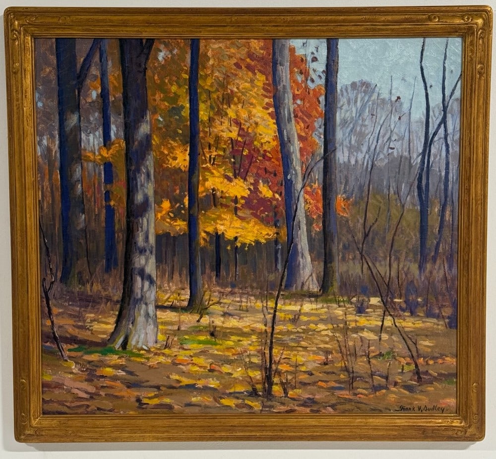 Frank Dudley "Swamp Maples" Oil On Canvas Painting: Beautiful oil on canvas painting by listed Indiana artist Frank Dudley (1868 - 1957). The painting is titled "Swamp Maples" and features a wooded Autumn landscape. Signed in the lower right. Has a gol