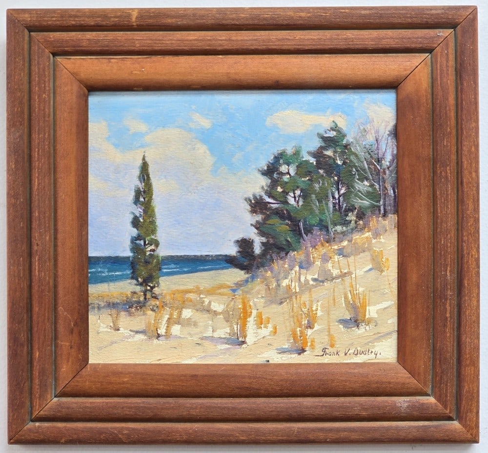 Frank Dudley Indiana Dunes Landscape Oil On Board Painting: Beautiful oil on board painting by listed Indiana artist Frank Dudley (1868 - 1957). The painting features an Indiana dunes scene featuring sand and trees with Lake Michigan in the background. Signed
