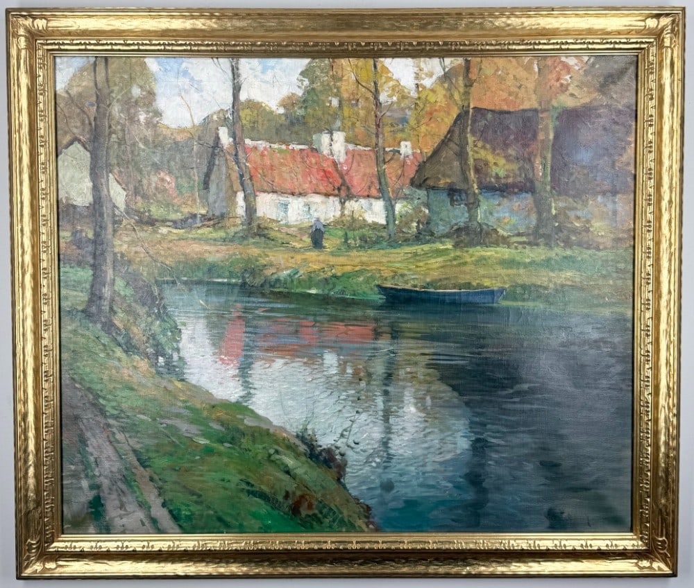 George Ames Aldrich Brookside Homestead Oil On Canvas Painting: Oil on canvas painting by listed Indiana artist George Ames Aldrich (1872-1941). The painting features a Brookside Homestead in Fall. Signed in the lower right and in the original frame. Sight measure