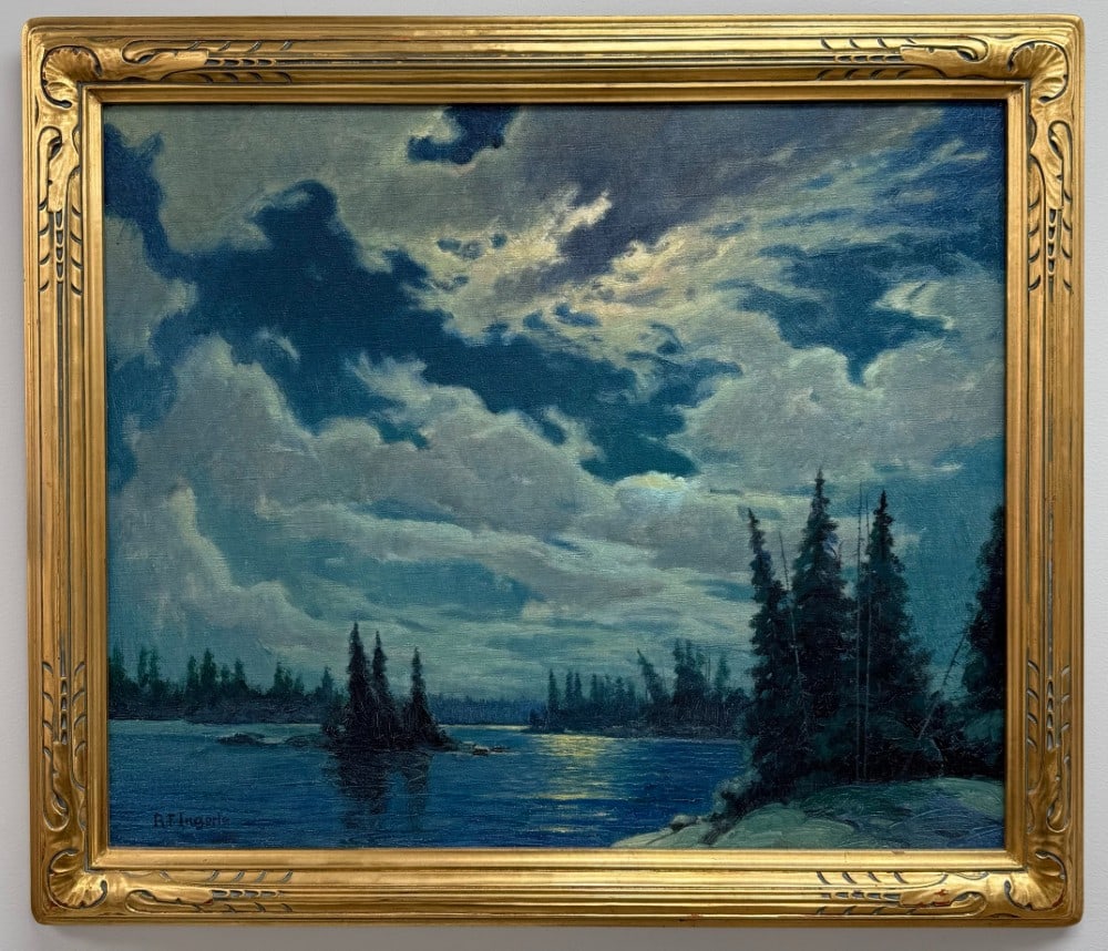 Rudolph F. Ingerle "Moonlight On Sioux-Le-Kout" Oil Painting On Canvas: Beautiful oil on canvas painting by listed Illinois / Tennessee artist Rudolph F. Ingerle (1879 - 1950). The painting is titled "Moonlight on Sioux-Le-Kout" and is signed in the lower left. Comes in o
