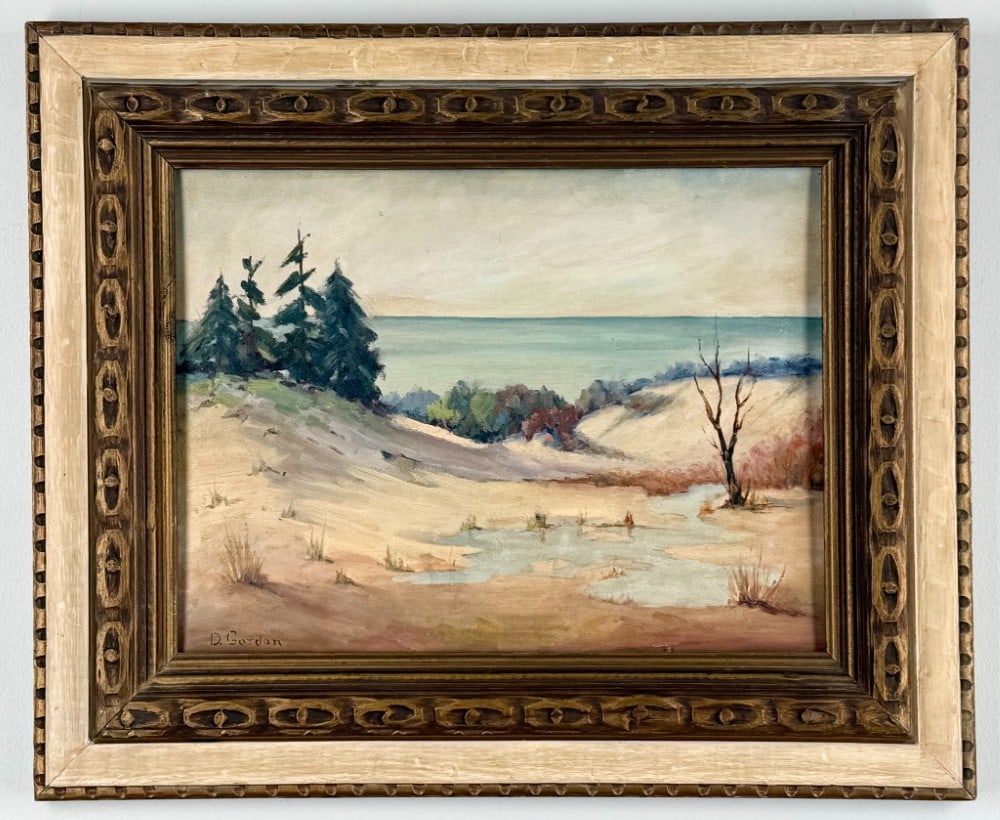 D. Gordon Indiana Dunes Oil On Canvas Board Painting: Oil on canvas board painting by artist D. Gordon. The painting features an Indiana Dunes landscape with Lake Michigan in the background. Signed in the lower left. Sight measures approximately 15-1/2"