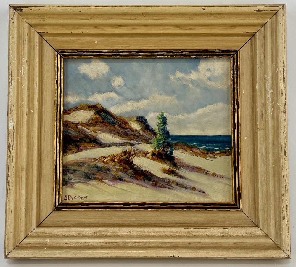 Glenn Bastian "Indiana Sand Dunes" Oil On Board Painting: Oil on board painting by listed Indiana artist Glenn Bastian (1890-1966). The painting is titled "Indiana Sand Dunes". Signed in the lower left. Sight measures approximately 6-3/8" across x 5-1/2" tal