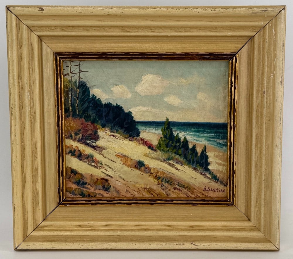 Glenn Bastian "Indiana Sand Dunes" Oil On Board Painting: Oil on board painting by listed Indiana artist Glenn Bastian (1890-1966). The painting is titled "Indiana Sand Dunes". Signed in the lower left. Sight measures approximately 6-3/8" across x 5-1/2" tal
