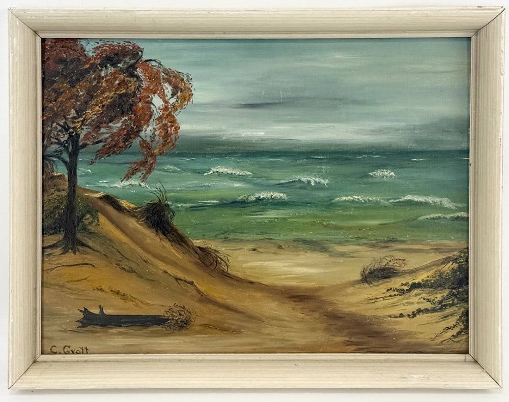 C. Grott "Dunes Scene" Oil On Canvas Board Painting: Oil on canvas board painting by artist C. Grott. The painting features a dunes scene with rough Lake Michigan waters. Signed in the lower left. Sight measures approximately 15-1/2" across x 11-1/2" ta