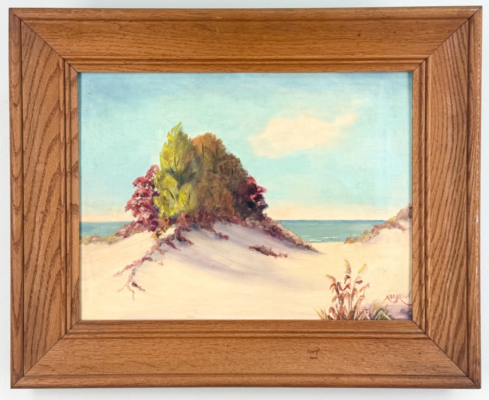 Alice Adamson "Dune Splendor" Oil On Canvas Board Painting: Oil on canvas board painting by Indiana artist Alice Adamson. The painting is titled "Dune Splendor" and features the Indiana Dunes. Signed in the lower right. Sight measures approximately 15-1/2" acr