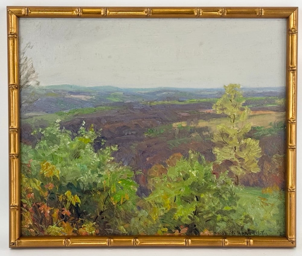 1927 Paul T. Sargent "Summer Vista" Oil On Board Painting: Oil on board painting by listed Illinois artist Paul Turner Sargent (1920-2010). The painting is titled "Summer Vista". Signed and dated in the lower right. Sight measures approximately 16-1/2" across