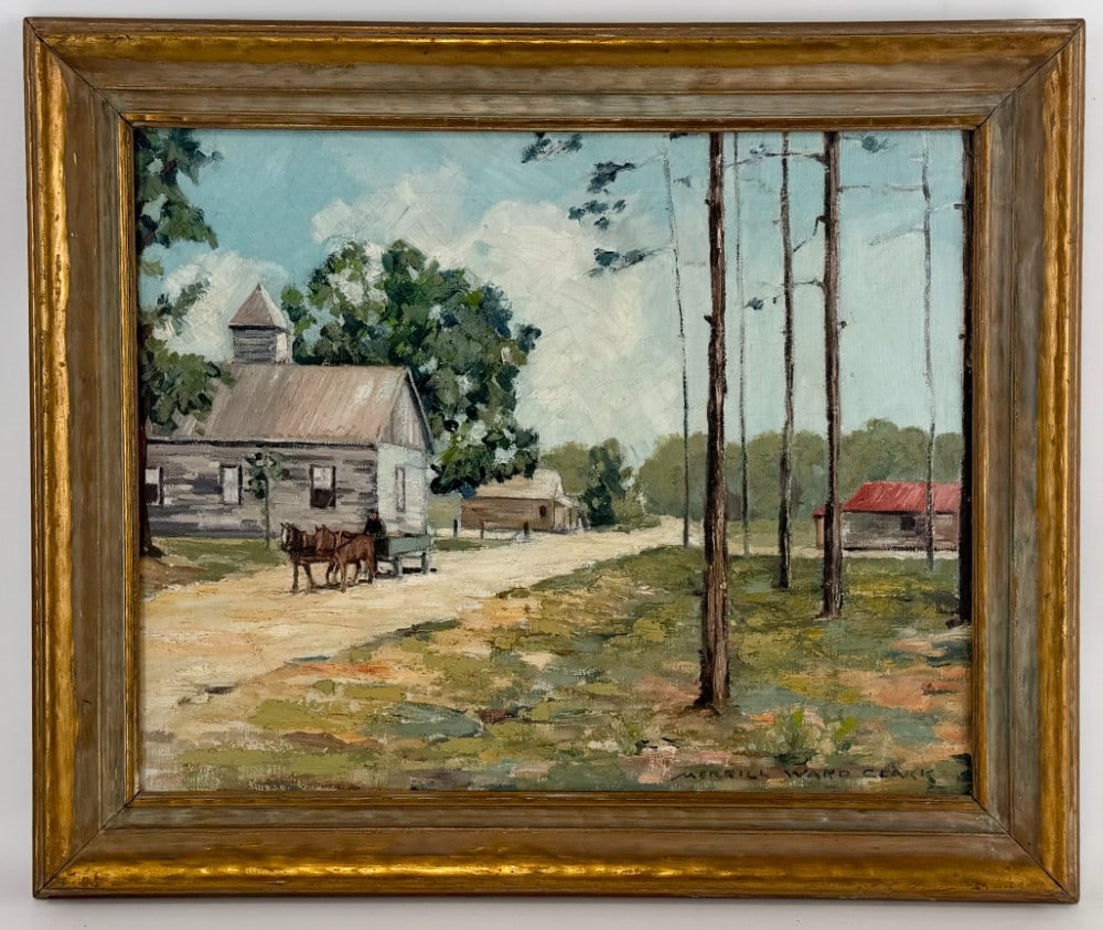 Merrill Ward Clark "Village Scene" Oil On Canvas Painting (1 of 4)