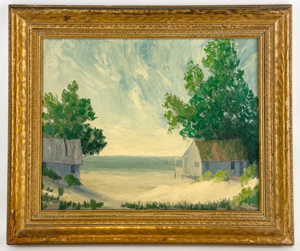 1961 L.W. Gallagher "Indiana Dunes" Oil On Board Painting: Oil on board painting by Indiana artist L.W. Gallagher (20th Century). The painting is titled "Indiana Dunes" and has a Hoosier Salon tag on the verso. Signed in the lower left. Sight measures approxi