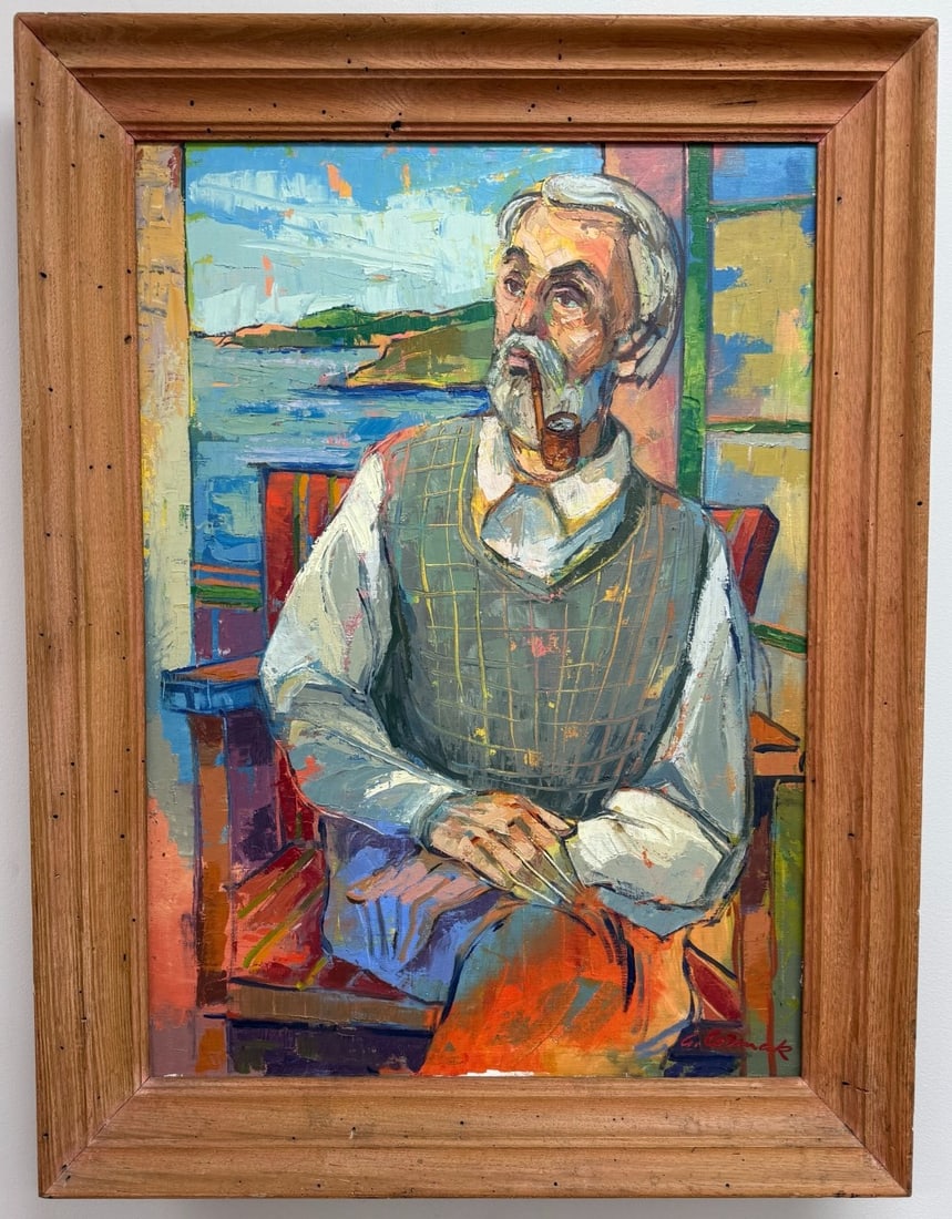 George Cermak Man Smoking Pipe By The Sea Oil Painting On Canvas: Beautiful oil on canvas painting by listed Illinois / Bosnia and Herzegovina artist George Cermak (1916-2003). The painting features a smoking a pipe by the sea and is signed in the lower right. Sight