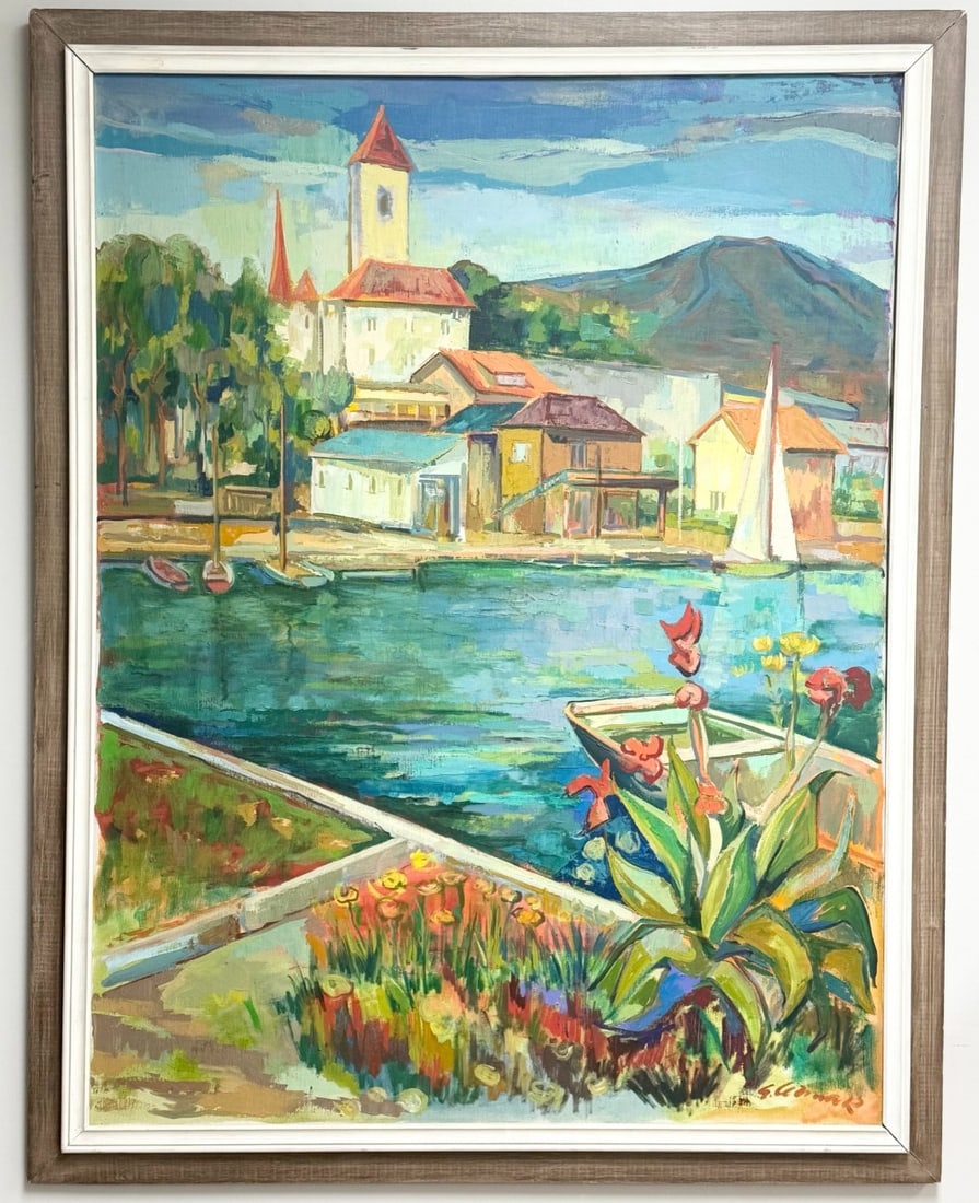 George Cermak Village Harbor Oil Painting On Canvas: Beautiful oil on canvas painting by listed Illinois / Bosnia and Herzegovina artist George Cermak (1916-2003). The painting features a village harbor and is signed in the lower right. Sight measures a