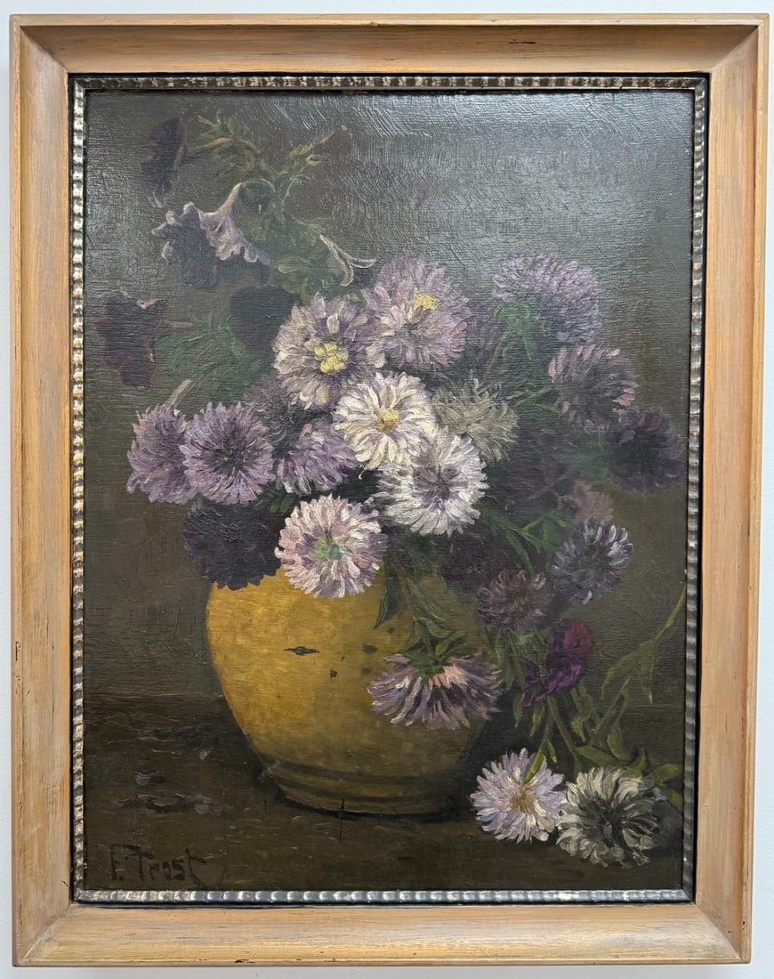 Friedrich Trost Floral Still Life Oil Painting On Board: Beautiful oil on board painting by listed German artist Friedrich Trost (1844-1922). The painting features a floral still life and is signed in the lower left. Sight measures approximately 18-1/2" acr